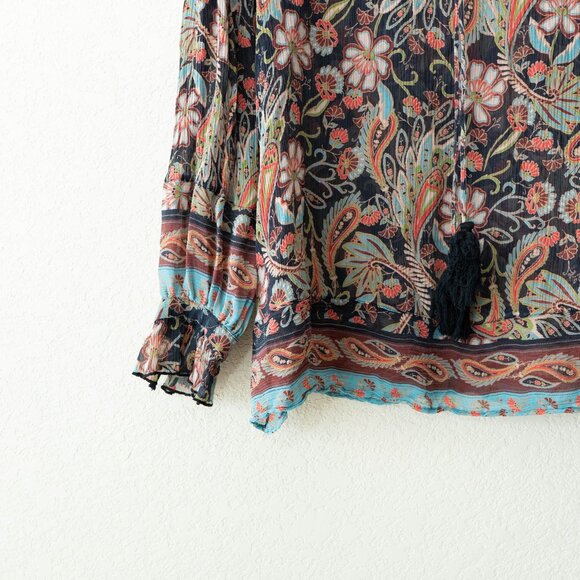 Sundance Silk Peasant Blouse Womens Small Floral Tassel Tie Sheer Boho Top - Picture 7 of 13